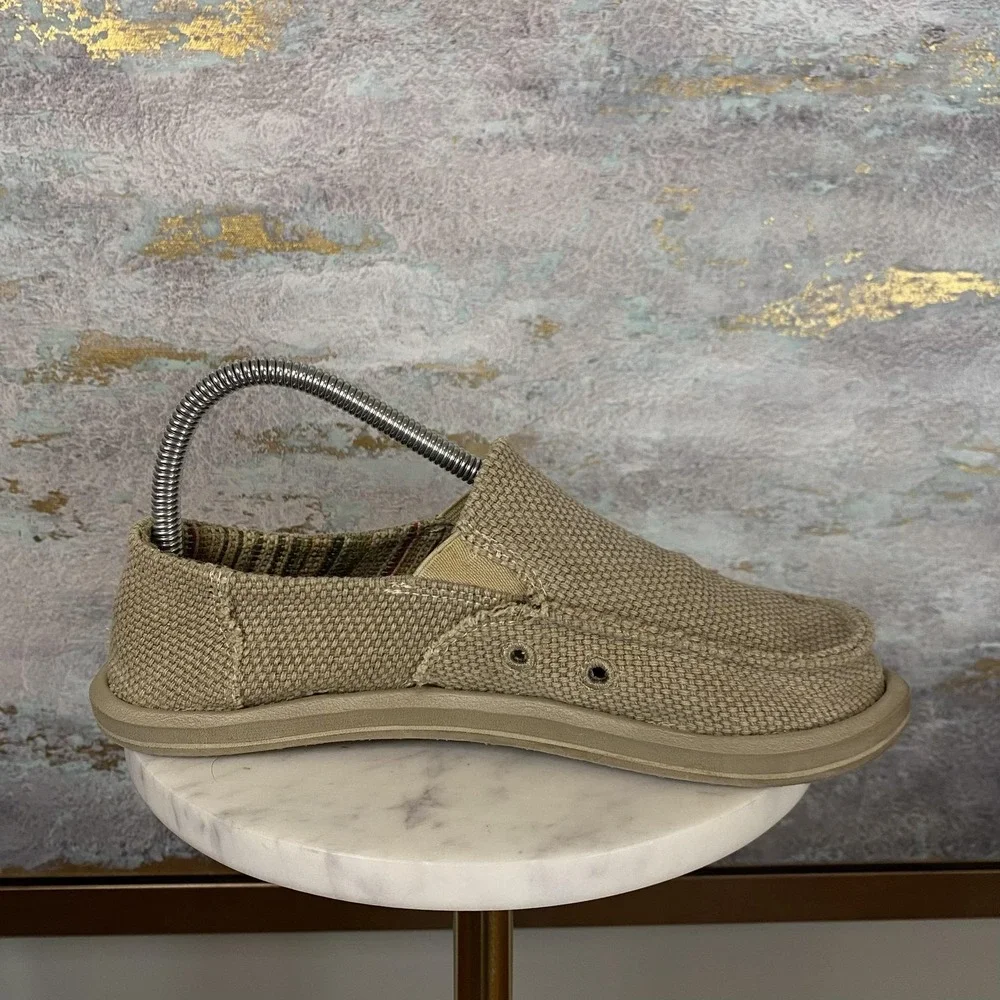 Sanuk Shoes Mens Size 5 Beige Canvas Slip On Casual Comfort Loafers Moc Toe